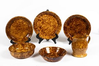 Six Pieces Antique Brown Spongeware Pottery