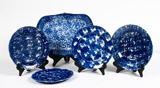 Five Pieces Antique Blue Spongeware Pottery