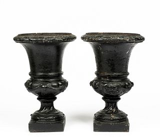 A Pair of Antique Cast Iron Campana Form Garden Urns