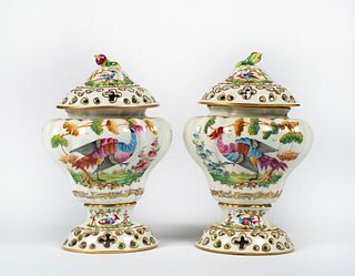 A Pair of French Potpourri Urns After Chelsea Porcelain