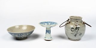 An Antique Chinese Wine Ewer, Rice Bowl and Stem Plate