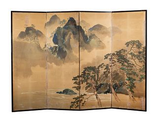 A Four-Panel Japanese Screen Painting on Paper 