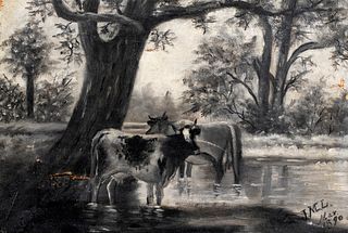 American School, Cows in a Stream, Initialed and Dated, 1890