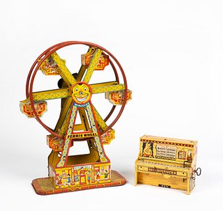 A 1930's J. Chein Lithographed Wind Up Mechanical Ferris Wheel with Original Box, and A Player Piano Tin Toy