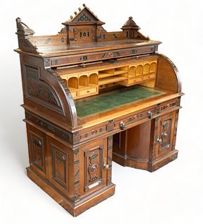 Wooton Desk Manufacturing Company (American, 1874-1890) Renaissance Revival Extra Grade Rotary Desk, Ca. 1876, H 63.5" W 56" Depth 30"