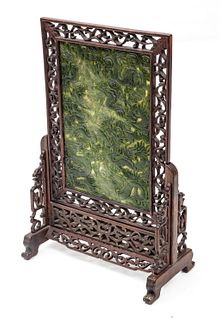 Chinese Bas Relief Carved Spinach Jade Panel, Carved Teakwood Frame & Stand, Ca. First Quarter 20th C., H 18" W 12"
