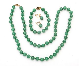 Green Jade Necklace, Bracelet And Earrings L 28" 4 pcs