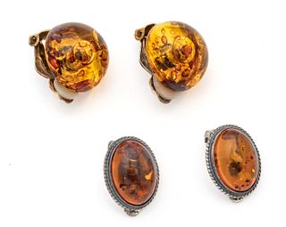 Baltic Amber Earrings, Silver Ca. 1920, 2 Pairs