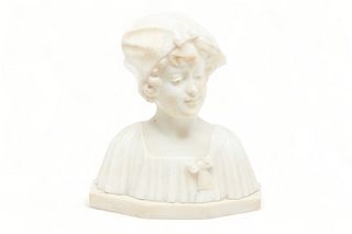 Italian Carved Alabaster Sculpture, Ca. Early 20th C., Bust of a Young Woman H 9.5" W 8" Depth 4.5"