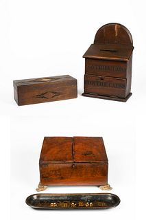 Antique Humidor, Chinese Pen Tray and Two Antique Wooden Boxes