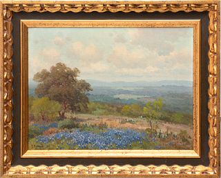 Porfirio Salinas (American, 1910-1973) Oil on Canvas Board, "Texas Landscape with Bluebonnets", H 12" W 16"