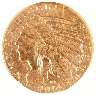 A 1914 $5 INDIAN GOLD HALF EAGLE.  NGS MS64