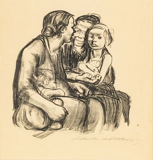 Käthe Kollwitz (German, 1867-1945) Lithograph on Wove Paper, 1930, Zwei Schwatzende Frauen Mit Zwei Kindern, H 11.75" W 10"