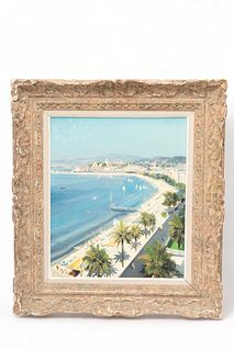 Gabriel Deschamps, (French, 1919-2011) Oil on Canvas Ca. 1960, "Promenade Cote D'Azur", H 21" W 18"