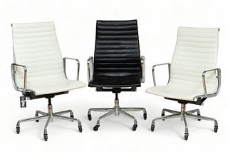 Charles & Ray Eames for Herman Miller (American) Leather & Aluminum Group Arm Chairs, H 41" W 23" Depth 22" 3 pcs