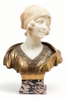 Georges Morin (German, 1874-1950) Bronze And Marble Bust Ca. 1925, "a Deco Era Woman.", H 23" W 16" Depth 8"
