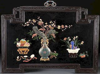 CHINESE HARDSTONE CLOISONNE & CARVED WOOD SCREEN
