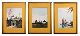 Three Mid-Century Brazilian Paintings, Gouache on Paper, Signed