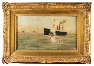 Antique Painting of An Ocean Liner Navigating Port
