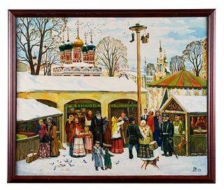 Oil on Canvas, Traditional Style Russian Maslenitsa Painting, Signed Gorodetsky, 1999