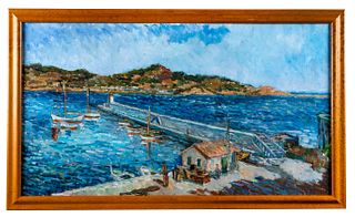 Impressionist Harbor Painting, 20th Century