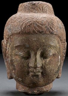 A CARVED STONE BUST OF A BUDDHA, PROBABLY 19TH C