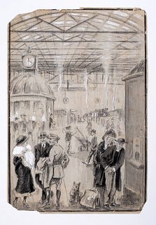 Antique Mixed Media Drawing, The Train Station, WB Fergusson, 1920