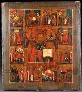 A RUSSIAN ICON OF SAINT NICHOLAS WITH LIFE SCENES