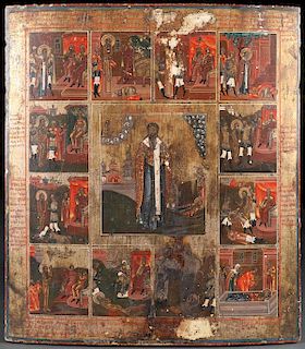 A RUSSIAN ICON OF ST. KHARLAMPIY WITH LIFE SCENES