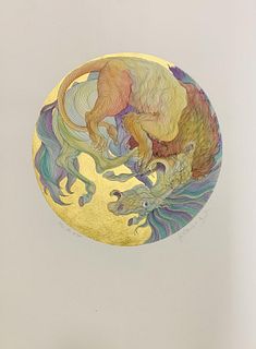 Guillaume Azoulay- Limited edition etching with hand laid gold leaf and hand watercolor "Leo"