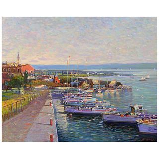 Ming Feng, "Twilight Quay" Original Oil Painting on Canvas, Hand Signed with Letter of Authenticity.