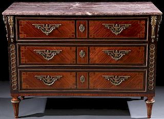 LOUIS XVI STYLE PARQUETRY BRONZE & MARBLE COMMODE