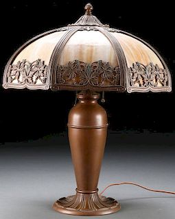 A BENT PANEL SLAG GLASS LAMP, EARLY 20TH CENTURY