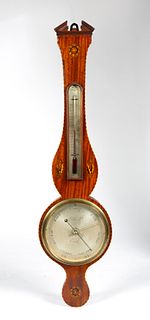 An Antique English Inlaid Banjo Form Barometer/Thermometer