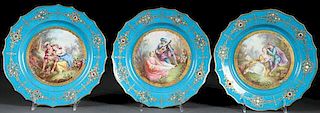 THREE SEVRES STYLE PORCELAIN PLATES, 19TH CENTURY