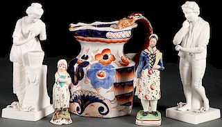 A FIVE PIECE ENGLISH PORCELAIN AND POTTERY GROUP