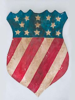 PAINTED WOOD SHIELD OF THE U.S.A. AND A CAST-IRON CROSSED FLAGS WALL MOUNT