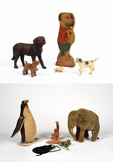 Antique Cold Painted Dog and Three Other Dog Figures along with Antique Stuffed Animals