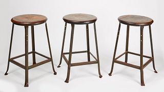 Three Metal Industrial Stools with Wood Tops