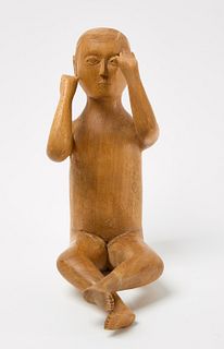 Wooden Figure of a Seated Boy