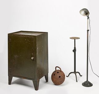 Metal Cabinet, Lamp, Pedestal, and Kettle Bell