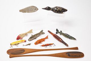 Ten Fishing Decoys and a Pair of Paddles