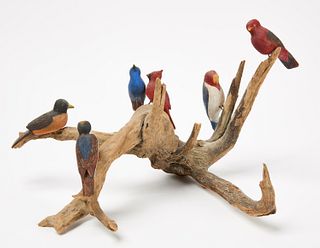 Bird Tree Together with 8 Carved Birds