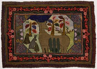 Hooked Rug with Deer and Rabbit