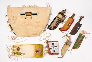 Native Leather Bag, Five Knives in Sheaths, Others