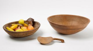 Two Wooden Bowls, Wooden Spoon, and Stone Fruit
