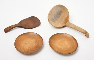 Two Treen Plates and Two Butter Scoops