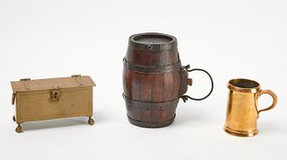Mini Wood Barrel, Lock Box, & Brass Mug