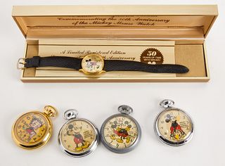 Four Novelty Pocket Watches and Wrist Watch