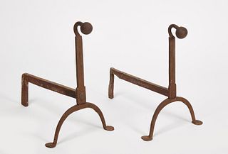 Early Iron Goose-Neck And Ball Top Andirons